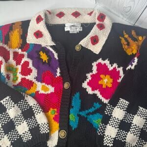 Vintage 80s/90s Hand Knit Chunky Floral Funky Gold Button Cardigan 2XL Jen Reed